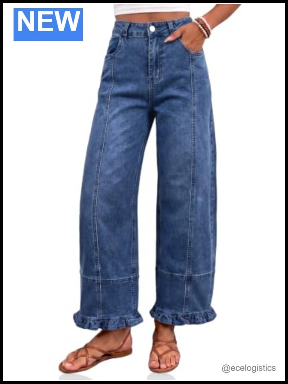 High Waisted Wide Leg Jeans Ruffle Hem Front Seam Women Denim